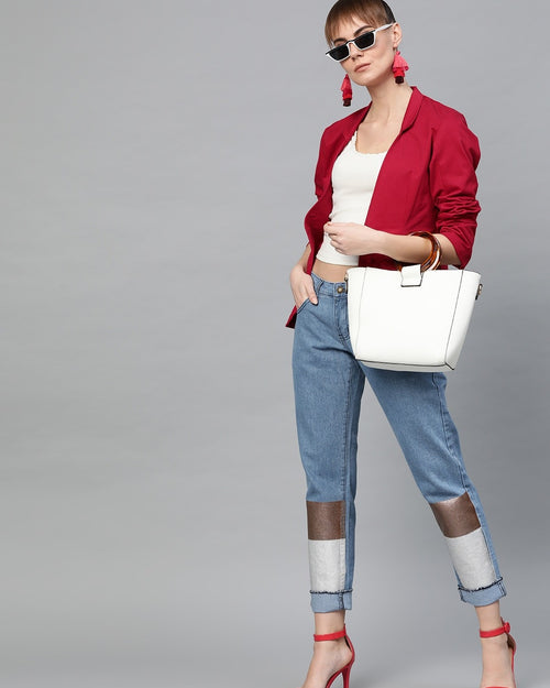 Popnetic Women Red Solid Casual Pure Cotton Blazer