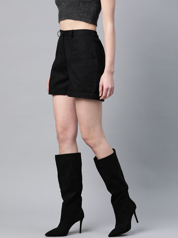 Popnetic Women Black Solid Pure Cotton Regular Shorts
