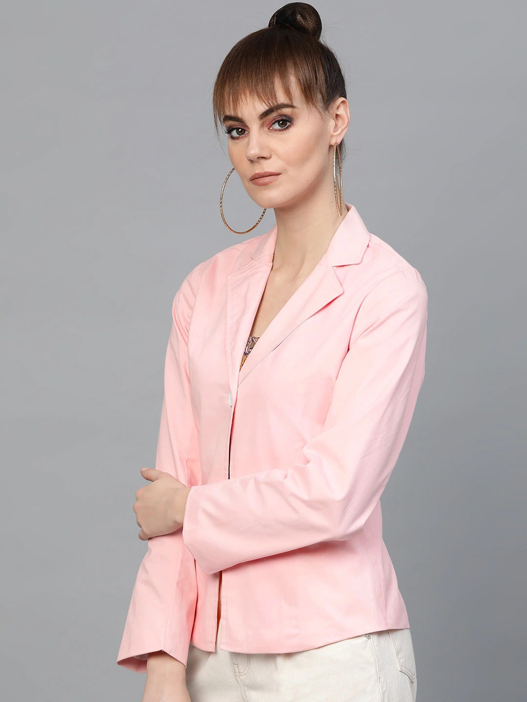 Popnetic Women Pink Solid Single-Breasted Casual Blazer