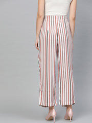 Popnetic Women White & Pink Loose Fit Striped Layered Parallel Trousers