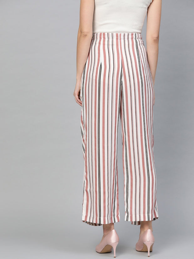 Popnetic Women White & Pink Loose Fit Striped Layered Parallel Trousers