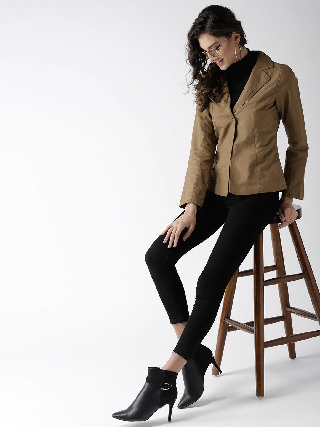 Popnetic Women Olive Brown Solid Casual Blazer