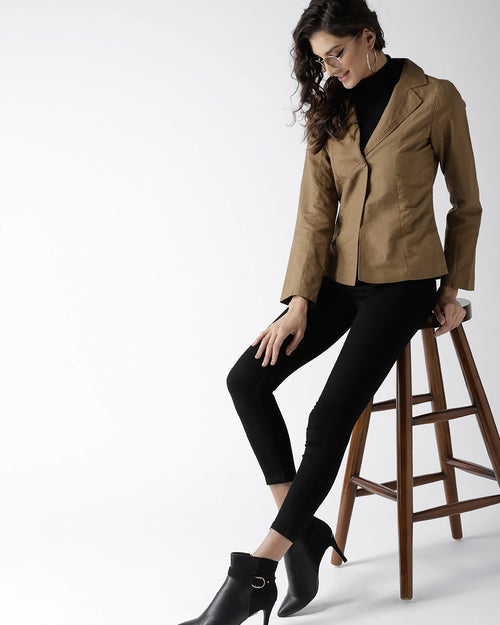 Popnetic Women Olive Brown Solid Casual Blazer