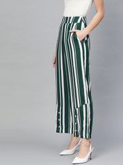 Popnetic Women Green & White Loose Fit Striped Parallel Trousers