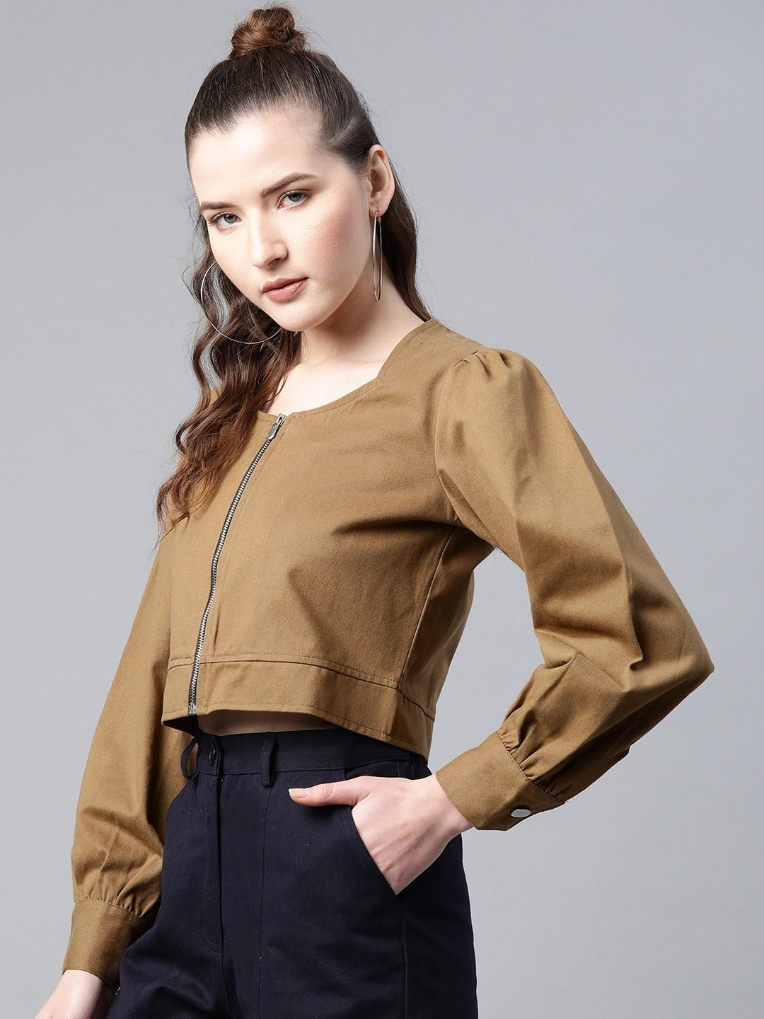 Popnetic Women Khaki Solid Pure Cotton Bolero Jacket