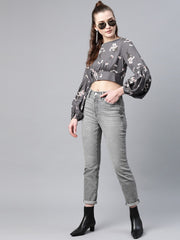Popnetic Women Grey & White Floral Print Pure Cotton Cropped Styled Back Top