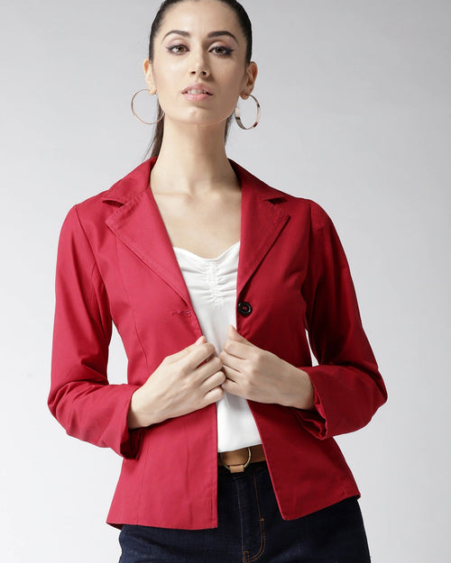 Popnetic Women Red Solid Single-Breasted Casual Pure Cotton Blazer