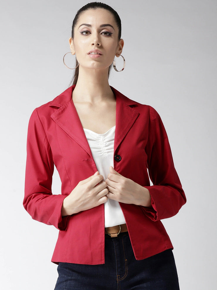 Popnetic Women Red Solid Single-Breasted Casual Pure Cotton Blazer