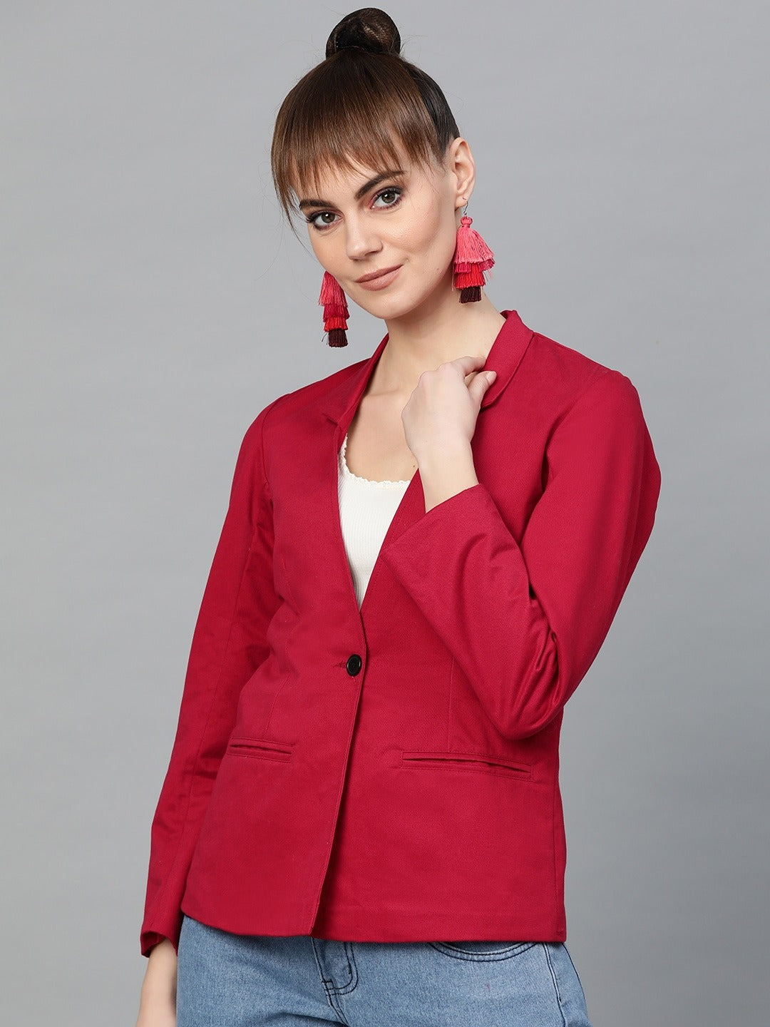 Popnetic Women Red Solid Casual Pure Cotton Blazer