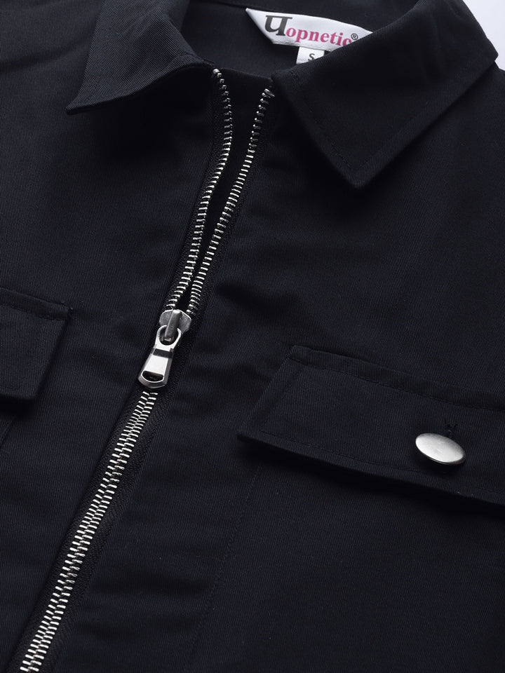 Popnetic Women Black Solid Pure Cotton Crop Jacket