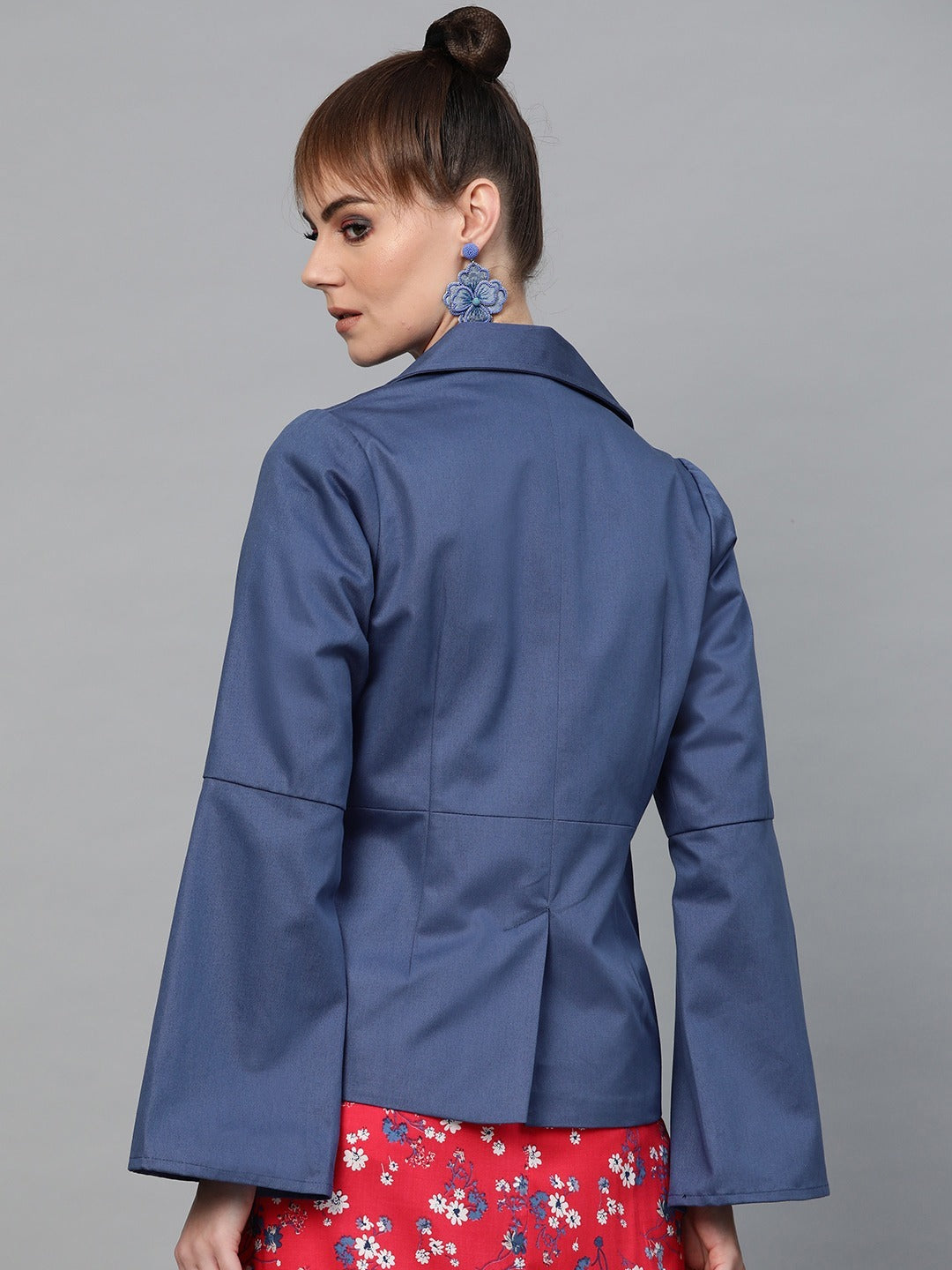 Popnetic Women Blue Solid Casual Pure Cotton Blazer