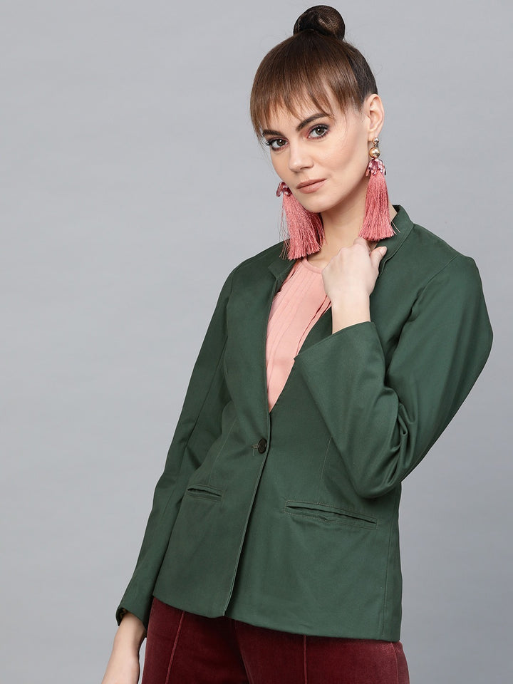 Popnetic Women Green Solid Casual Pure Cotton Blazer