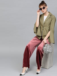 Popnetic Women Olive Green Solid Casual Pure Cotton Blazer