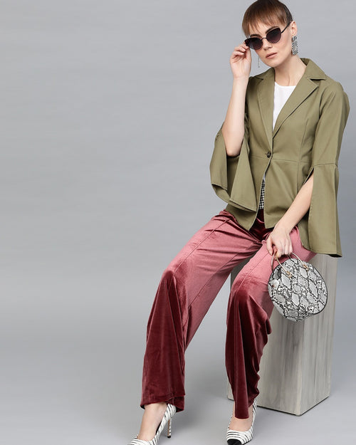 Popnetic Women Olive Green Solid Casual Pure Cotton Blazer