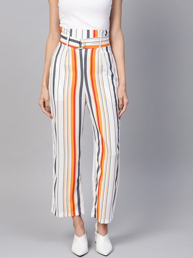 Popnetic Women White & Yellow Loose Fit Striped Regular Trousers