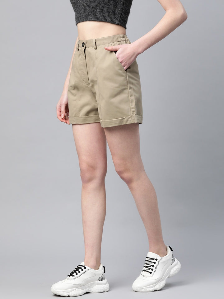 Popnetic Women Khaki Solid Regular Fit Pure Cotton Shorts