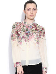 Popnetic Women Off-White & Pink Regular Fit Printed Casual Shirt