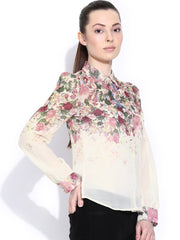 Popnetic Women Off-White & Pink Regular Fit Printed Casual Shirt