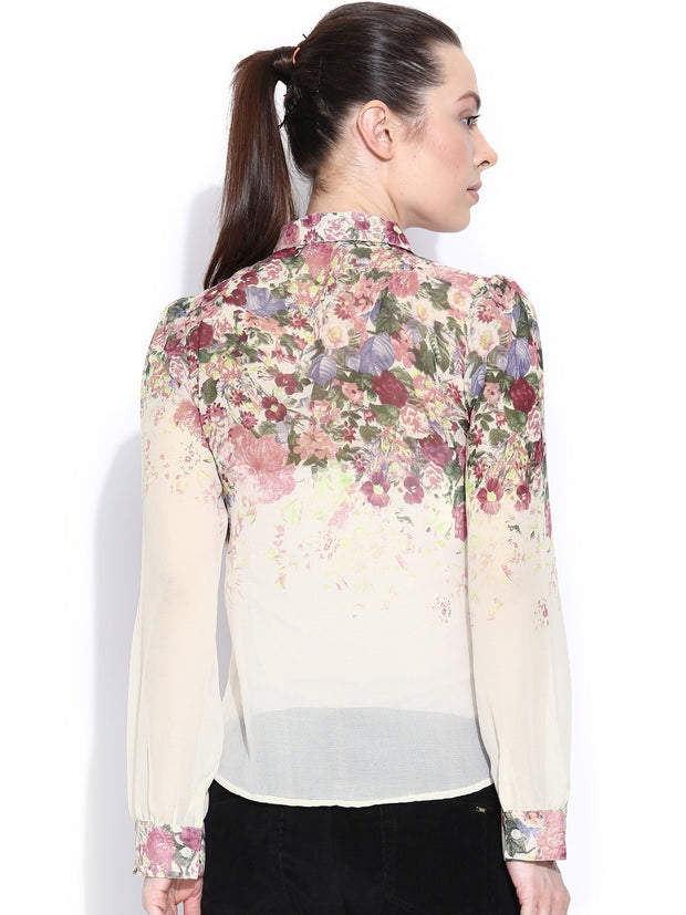 Popnetic Women Off-White & Pink Regular Fit Printed Casual Shirt