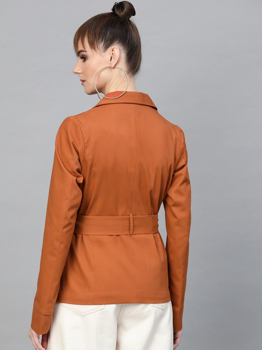 Popnetic Women Rust Orange Solid Casual Pure Cotton Blazer