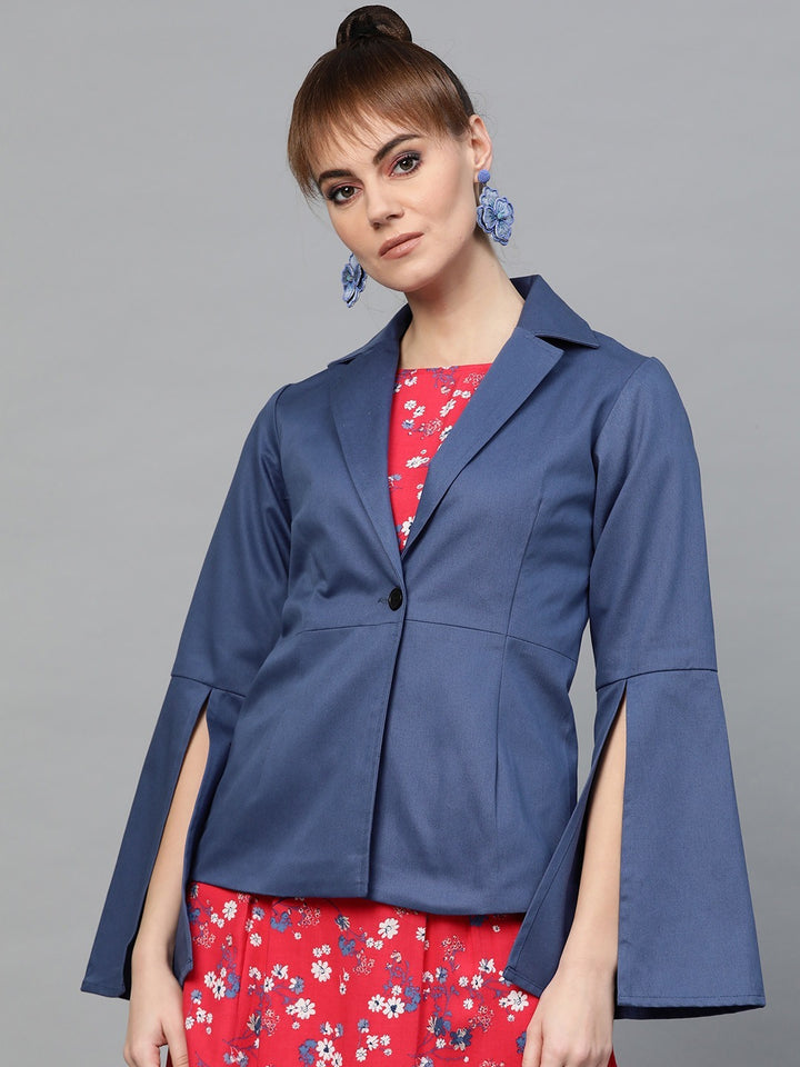 Popnetic Women Blue Solid Casual Pure Cotton Blazer