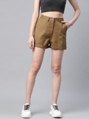 Popnetic Women Khaki Solid Regular Fit Pure Cotton Shorts