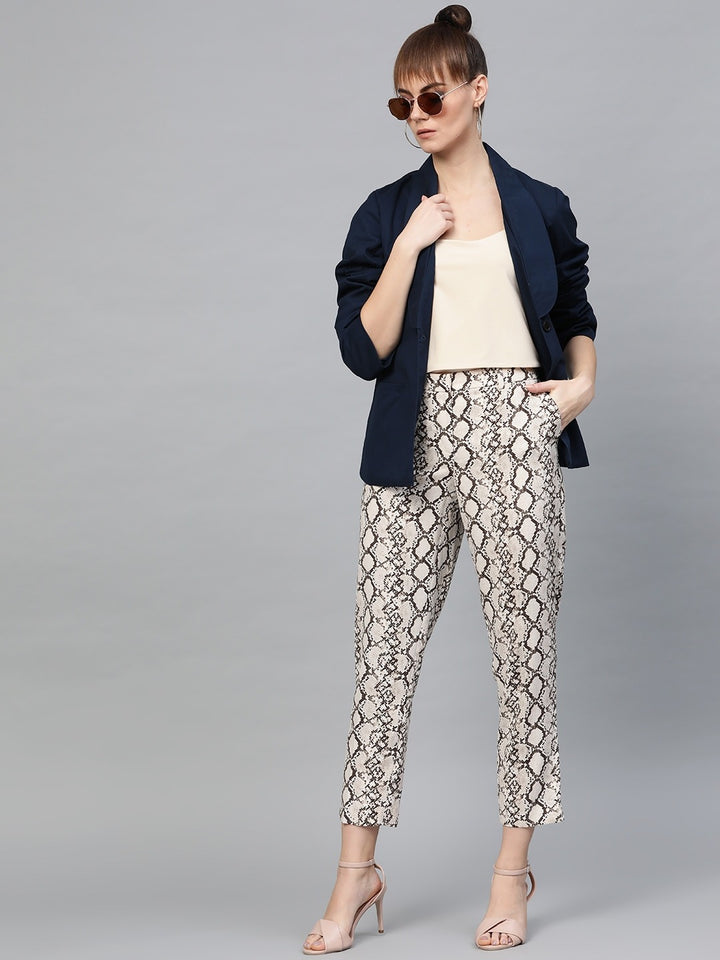 Popnetic Women Navy Blue Solid Casual Pure Cotton Blazer