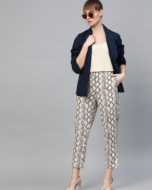Popnetic Women Navy Blue Solid Casual Pure Cotton Blazer
