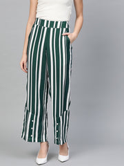 Popnetic Women Green & White Loose Fit Striped Parallel Trousers