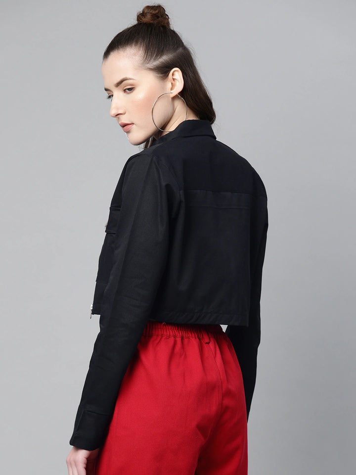 Popnetic Women Black Solid Pure Cotton Crop Jacket