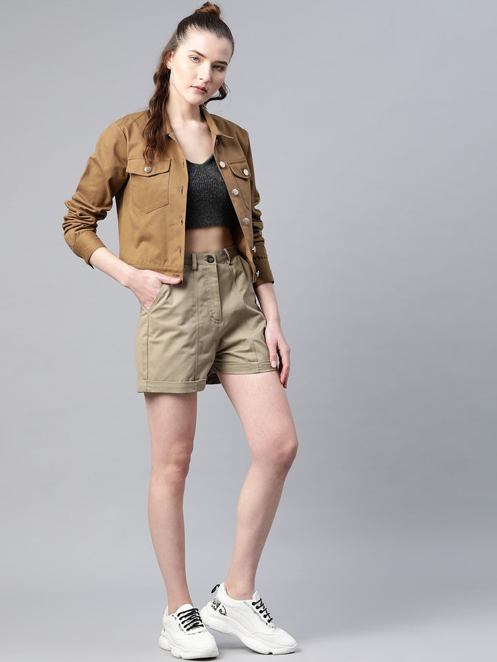 Popnetic Women Khaki Solid Regular Fit Pure Cotton Shorts