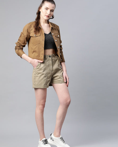Popnetic Women Khaki Solid Regular Fit Pure Cotton Shorts