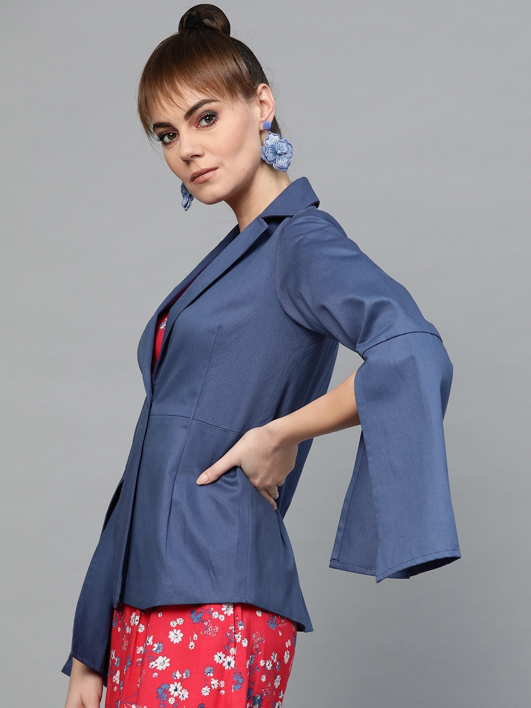 Popnetic Women Blue Solid Casual Pure Cotton Blazer
