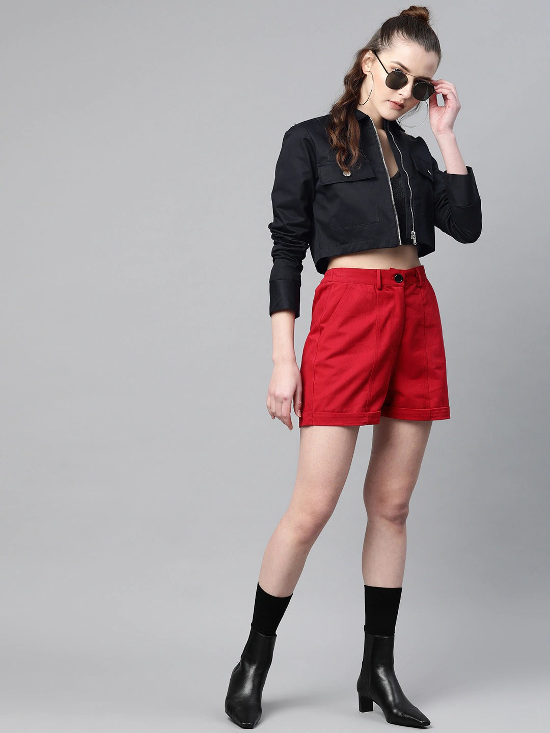 Popnetic Women Black Solid Pure Cotton Crop Jacket