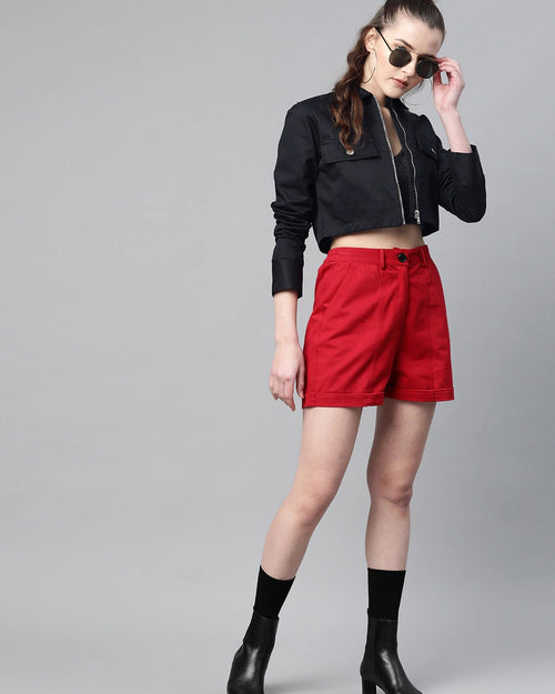 Popnetic Women Black Solid Pure Cotton Crop Jacket