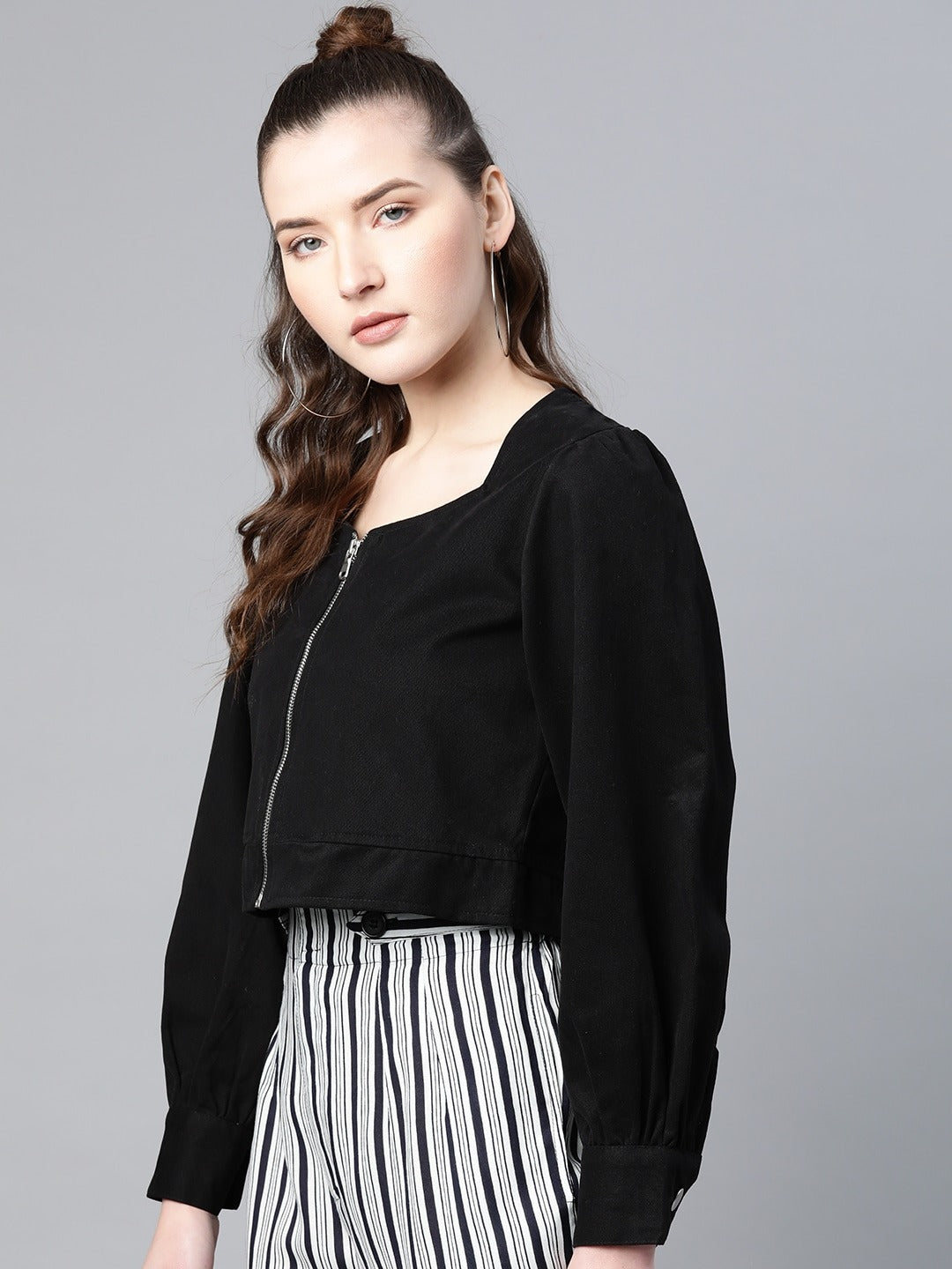 Popnetic Women Black Solid Pure Cotton Bolero Jacket