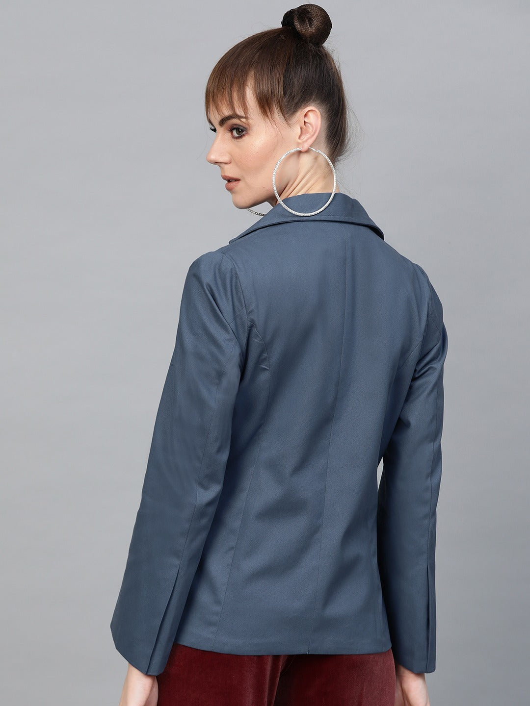 Popnetic Women Blue Solid Casual Pure Cotton Blazer