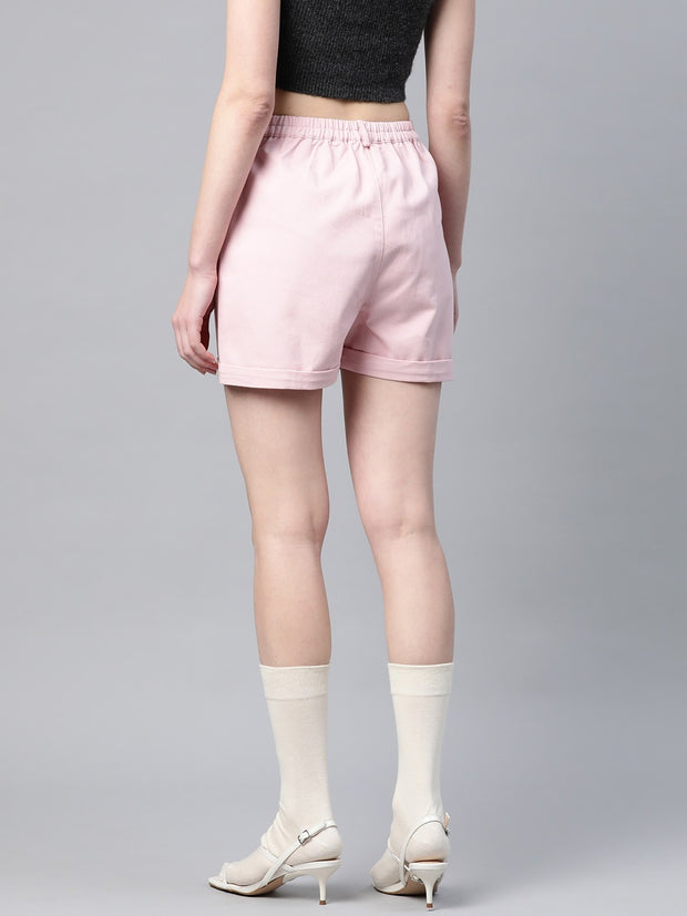 Popnetic Women Pink Solid Pure Cotton Regular Shorts