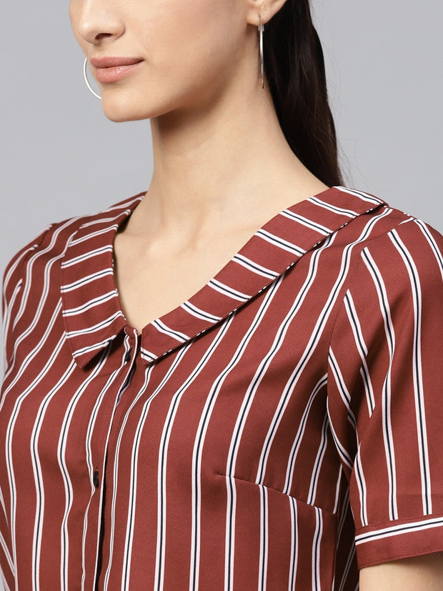 Popnetic Women Maroon Striped Shirt Style Top