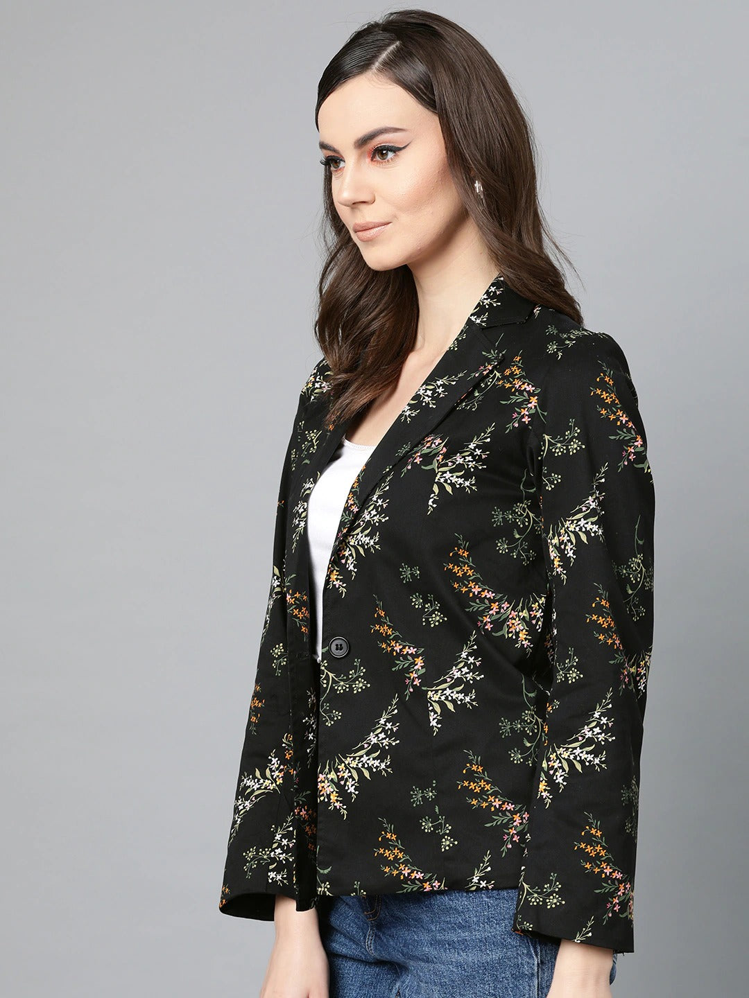 Popnetic Women Black & Green Printed Single Breasted Casual Pure Cotton Blazer