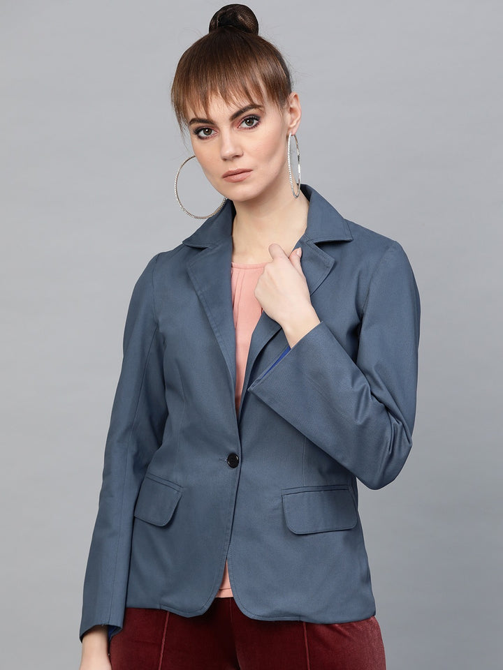 Popnetic Women Blue Solid Casual Pure Cotton Blazer
