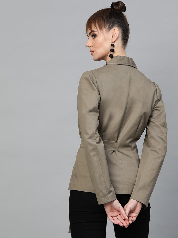 Popnetic Women Taupe Open-Front Solid Casual Pure Cotton Blazer