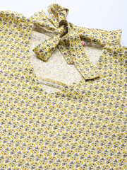 Popnetic Women Mustard Yellow & Navy Blue Printed Pure Cotton Top