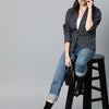 Popnetic Women Charcoal Grey & Black Printed Single Breasted Casual Pure Cotton Blazer