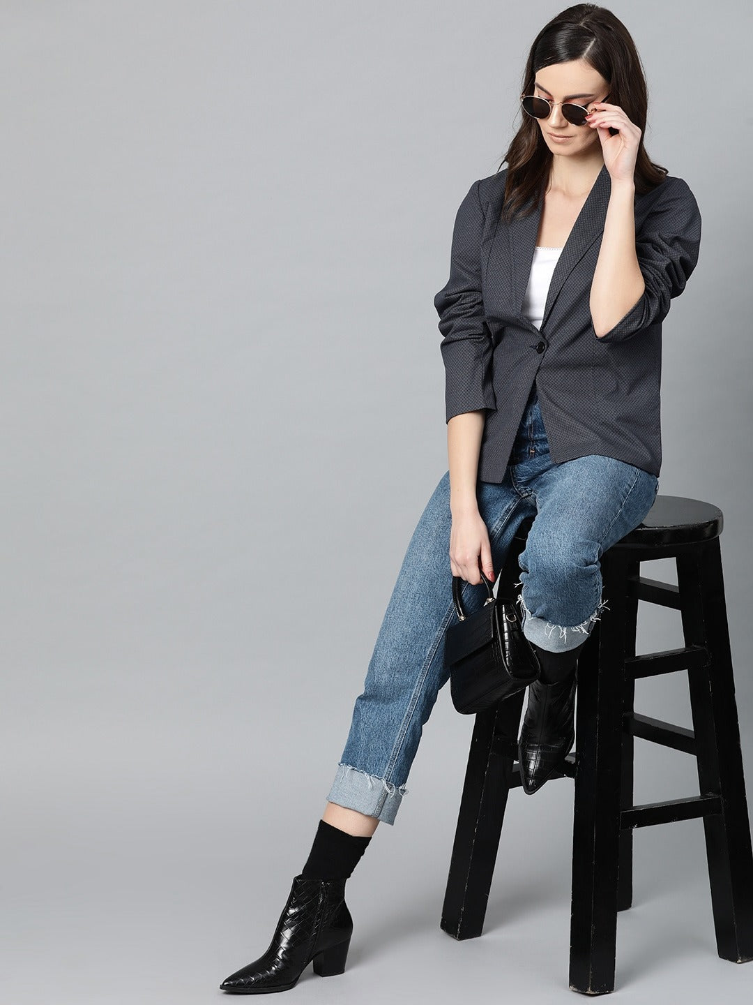 Popnetic Women Charcoal Grey & Black Printed Single Breasted Casual Pure Cotton Blazer