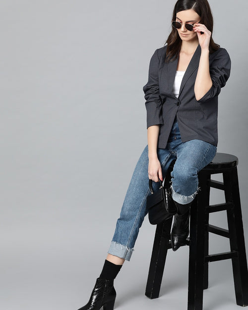 Popnetic Women Charcoal Grey & Black Printed Single Breasted Casual Pure Cotton Blazer