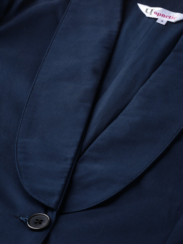 Popnetic Women Navy Blue Solid Casual Pure Cotton Blazer
