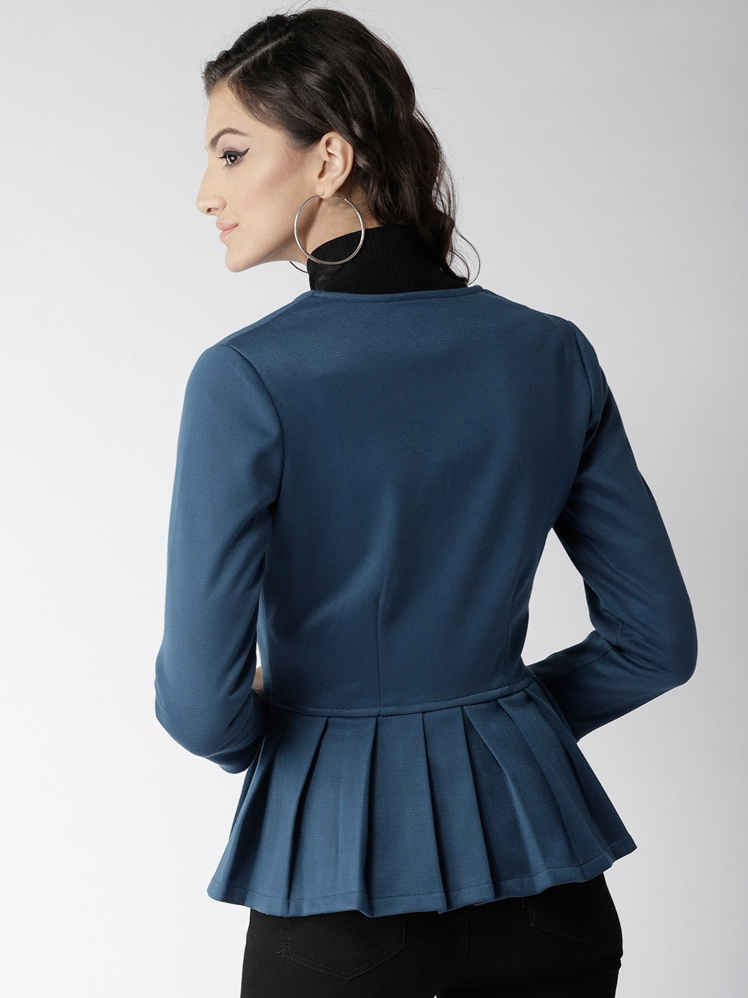Popnetic Women Teal Blue Solid Peplum Jacket