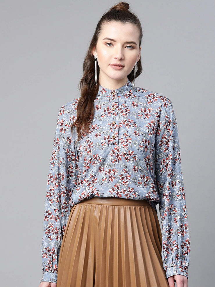 Popnetic Women Blue & Maroon Floral Print Shirt Style Top