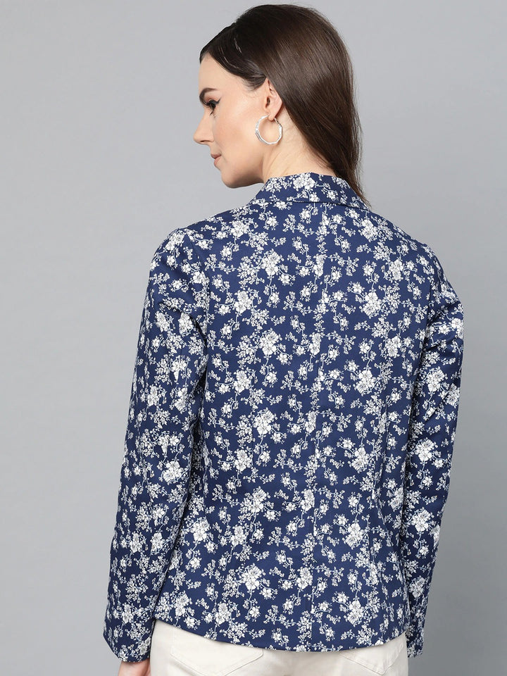 Popnetic Women Navy Blue & White Printed Single Breasted Casual Pure Cotton Blazer